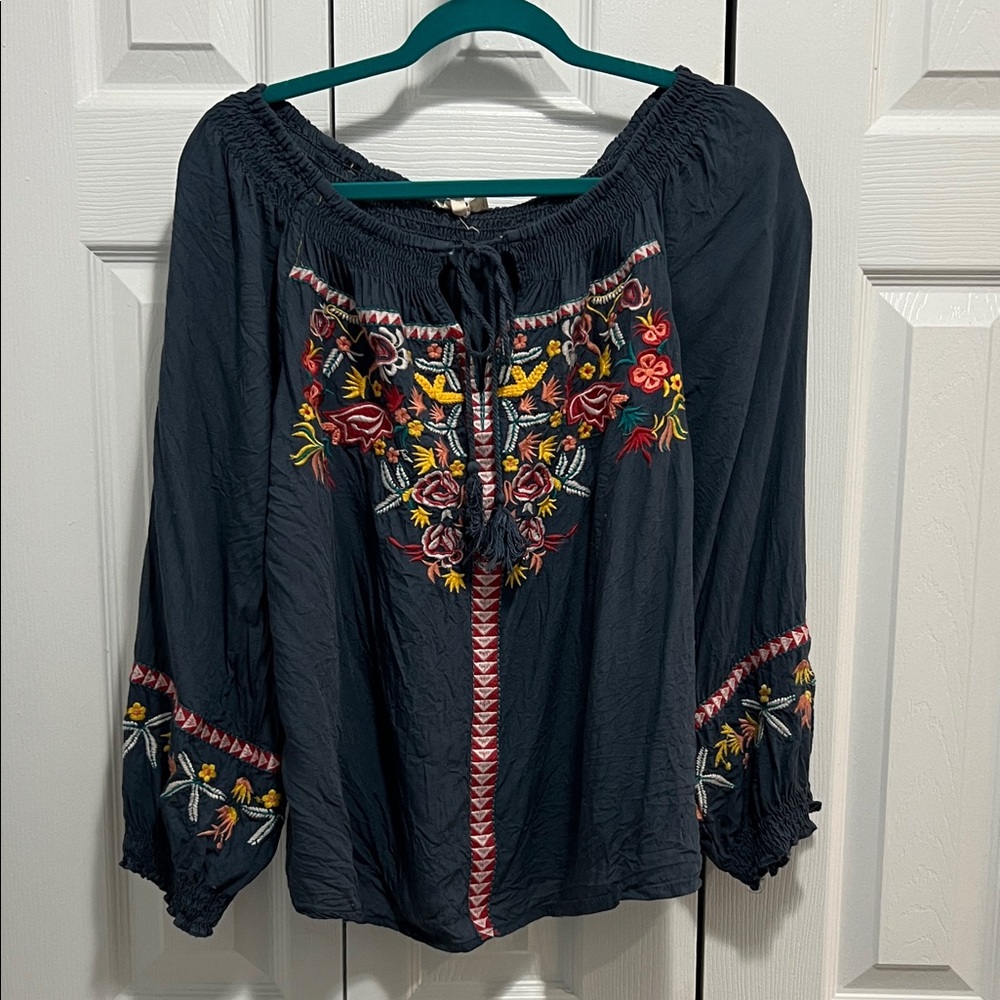 Solitaire Navy Blouse with Multicolor Embroidery